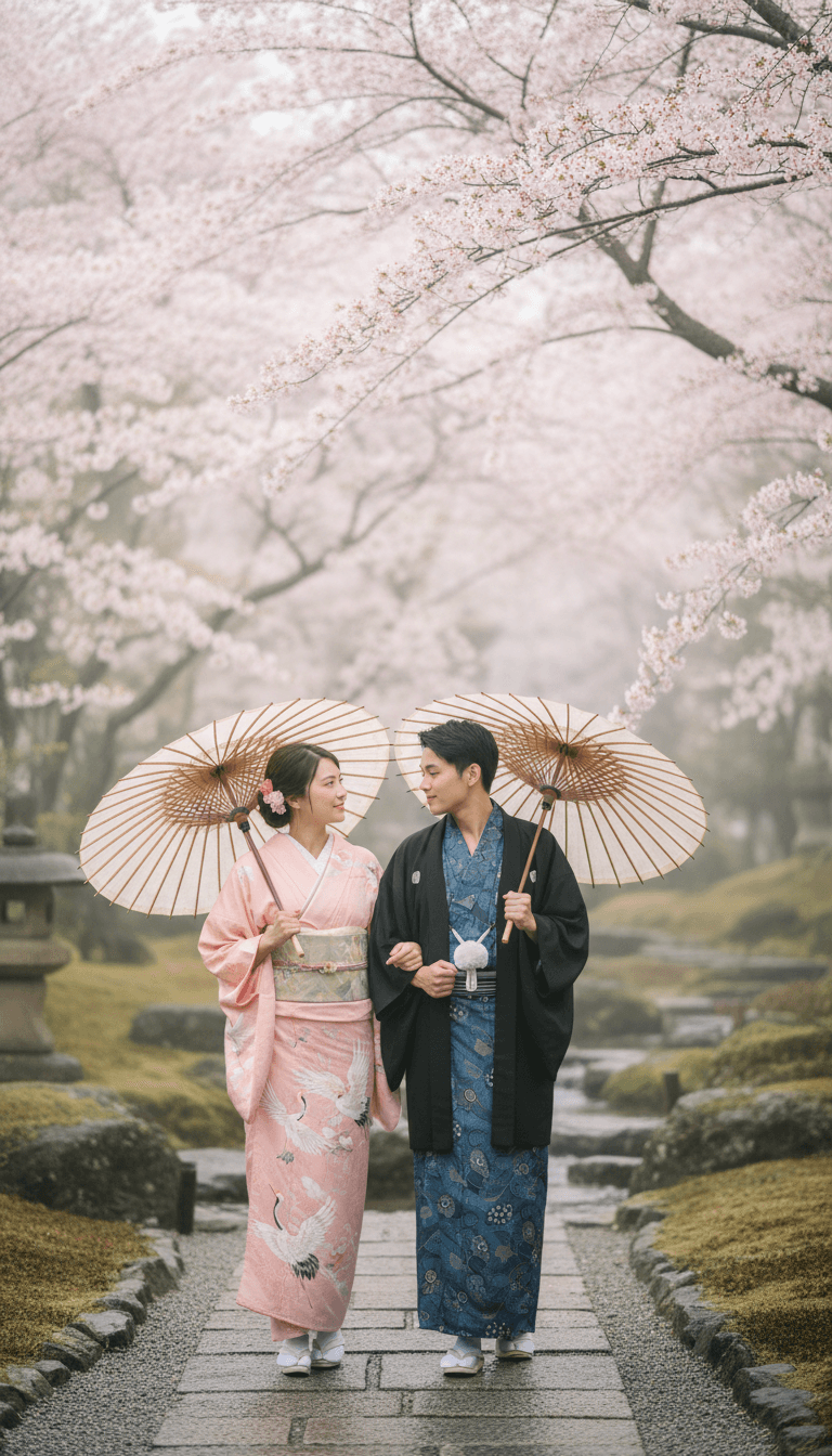 Pareja caminando por un jardín japonés tradicional