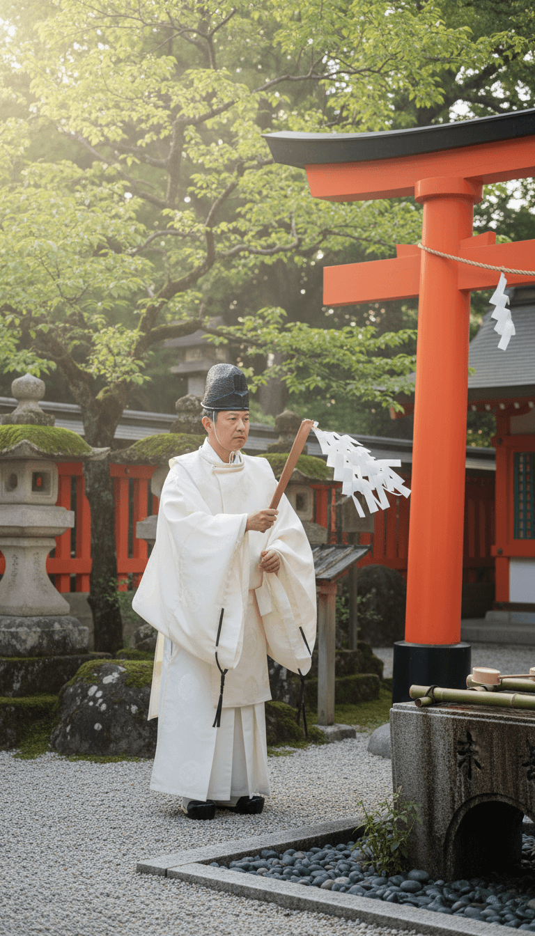 Sacerdote shintoísta realizando un ritual en Kioto
