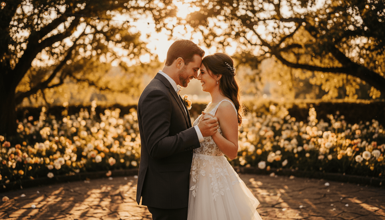 Pareja de novios de espaldas en un jardín de atardecer dorado, ella con vestido de seda marfil de cola larga y él de smoking negro, arco floral de peonías blancas y velas, fotografía editorial de boda elegante