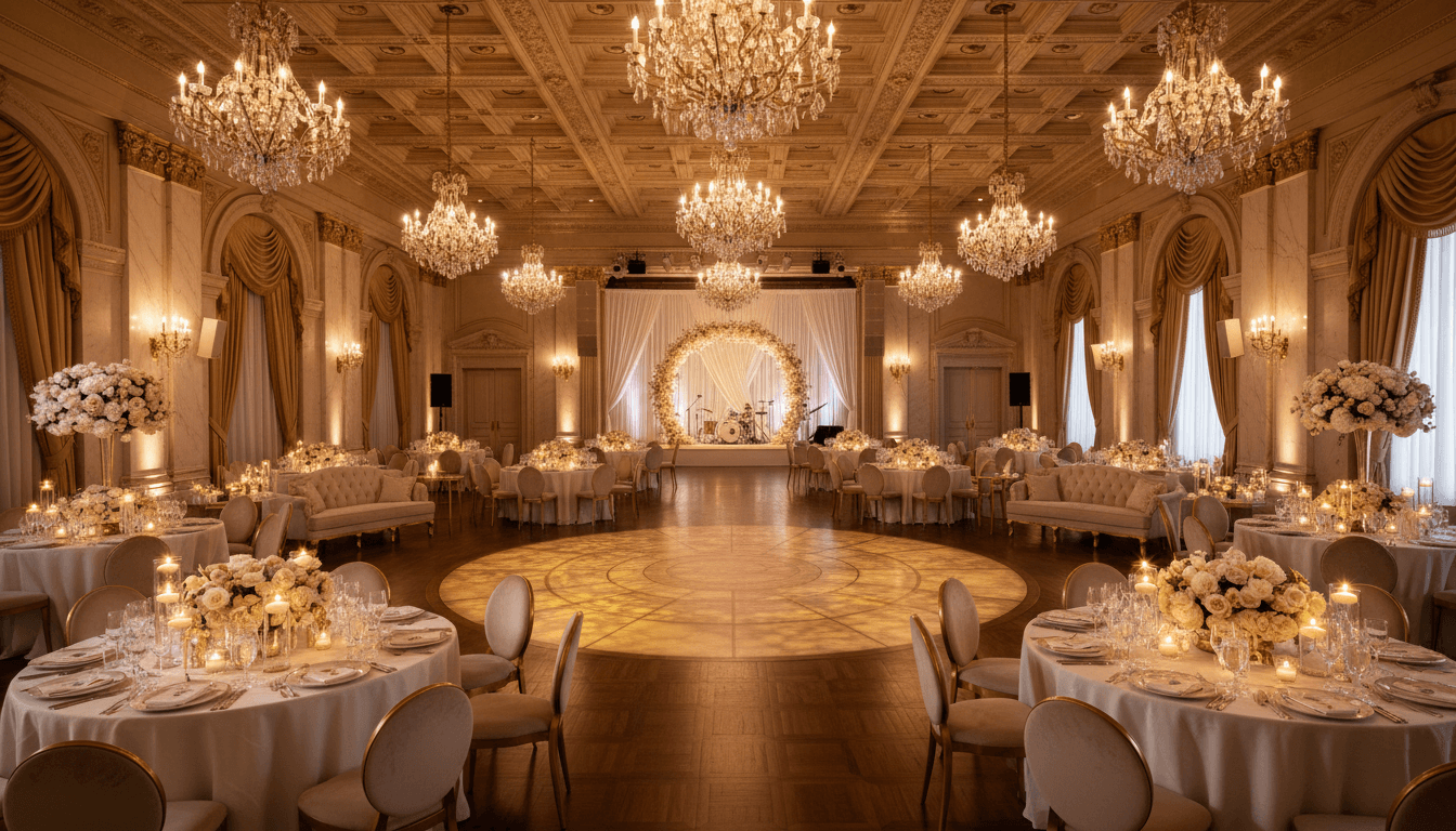 Grand wedding event hall with crystal chandeliers, round tables dressed in ivory linens, tall floral centerpieces, and parquet dance floor under warm golden lighting