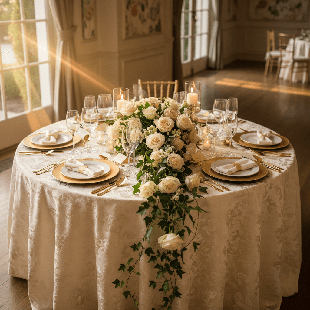Mesa elegante minimalista con flores blancas en tonos marfil
